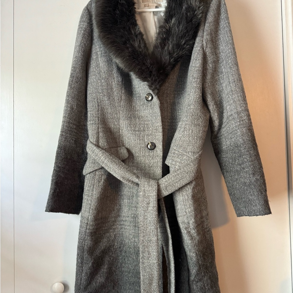 Banana Republic Gray Trench Coat with Fur Trim